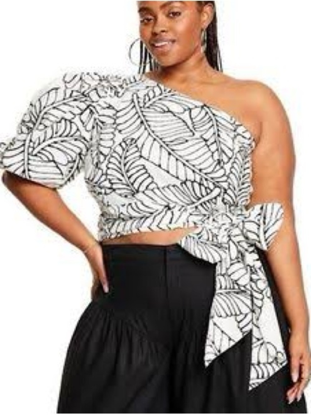 Fe Noel Black Leaf-Print One-Shoulder Crop Top